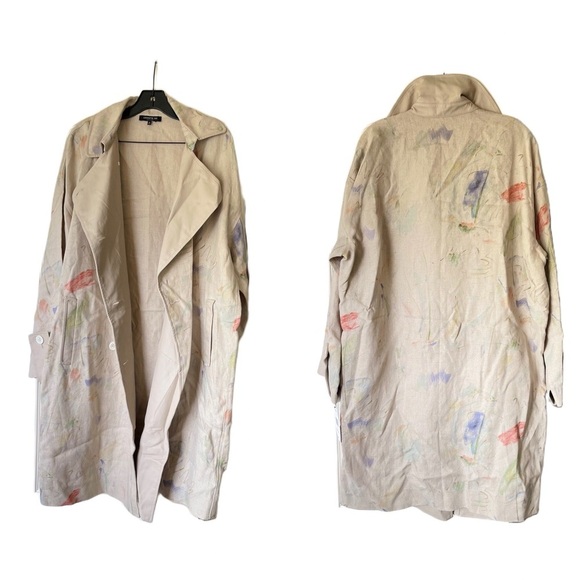 Lafayette 148 NY Modern Muse Linen Laurita Trench Coat Abstract M GUC - Picture 3 of 9